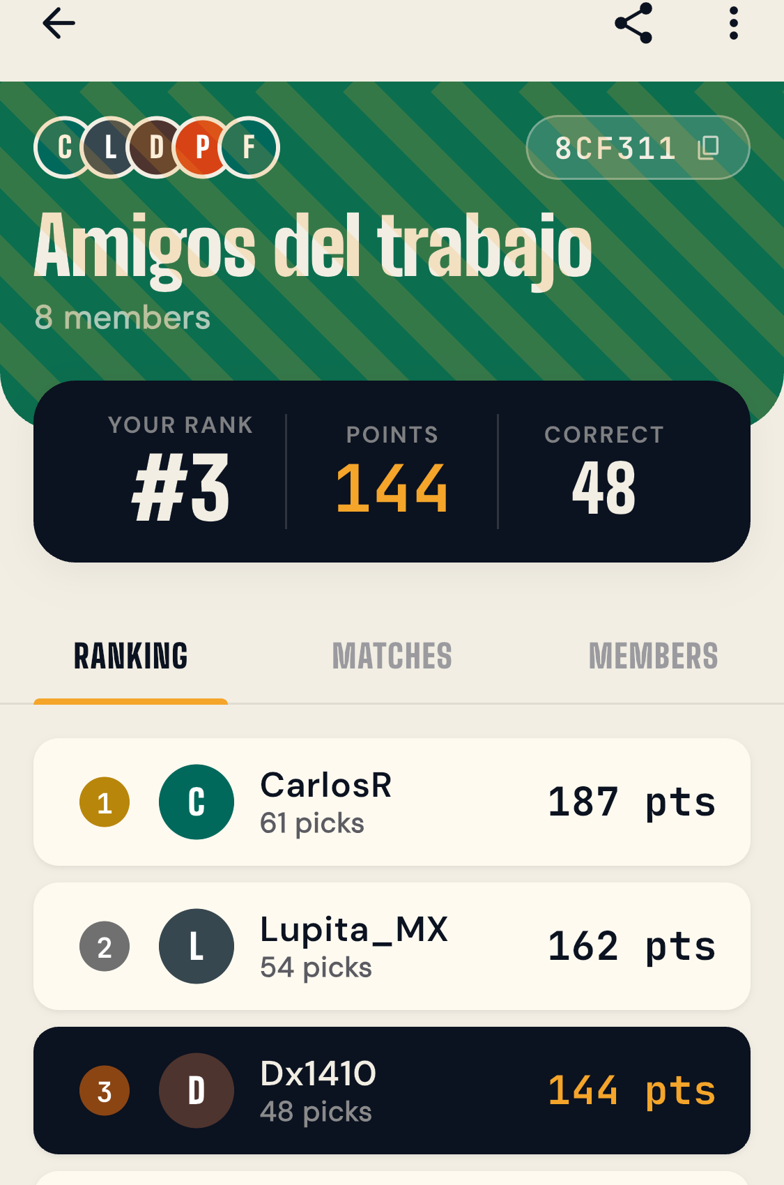 Pronos 2026 — group ranking screen